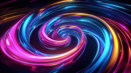 A swirling vortex of neon colors with a holographic finish, resembling a digital aurora borealis, set against a deep black background.