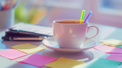 A cup of coffee on a table with sticky notes in pastel colors and a highlighter, for creative brainstorming. No logo, no people.