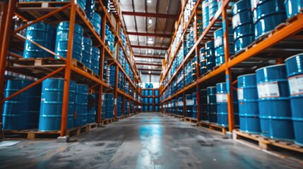Naklejka premium Industrial Warehouse with Blue Storage Barrels
