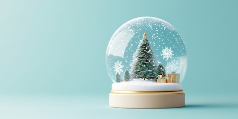A three-dimensional illustration of a snow globe with a festive winter scene, including a Christmas tree and snowflakes