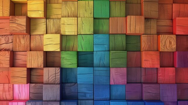 A symmetrical arrangement of wooden cubes on a wall, with each row of cubes transitioning through the colors of the rainbow, creating a harmonious gradient effect.