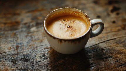 A cup of coffee with a rich crema, on a distressed wooden table with visible texture, creating a cozy mood. No logo, no people.