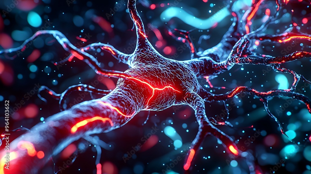 Poster abstract digital art of a neuron cell with synapses and glowing nerve pathways, capturing the essenc