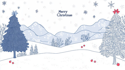 Merry Christmas background for Greeting cards with christmas tree landscape and snowing handdrawn single line style, sketch art. Text "Merry Christmas". illustration. Christmas greeting card.