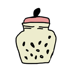 A glass jar or container for bulk food filled with a variety of dried beans and grains. perfect for illustrating concepts of organic cooking, farming. Childish naive doodle design style, vector art