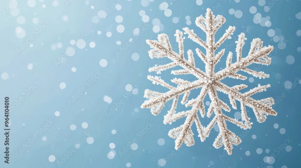 Poster a vector design of a snowflake with sparkling details, set against a softly blurred blue background