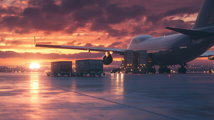 A stunning sunset view over an airport runway, featuring an aircraft and cargo containers in vibrant sky colors.