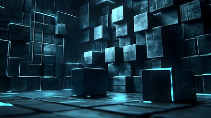Abstract Blue Neon Glowing Cubes Room Interior Design