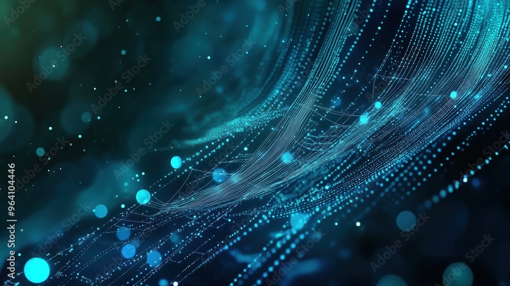 Aufkleber Futuristic abstract banner featuring glowing blue digital dots on a dark green gradient background, with a close-up view of binary code patterns on a curved surface. The Nordic-style cityscape with a 