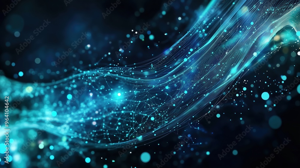 Aufkleber Futuristic abstract banner featuring glowing blue digital dots on a dark green gradient background, with a close-up view of binary code patterns on a curved surface. The Nordic-style cityscape with a 