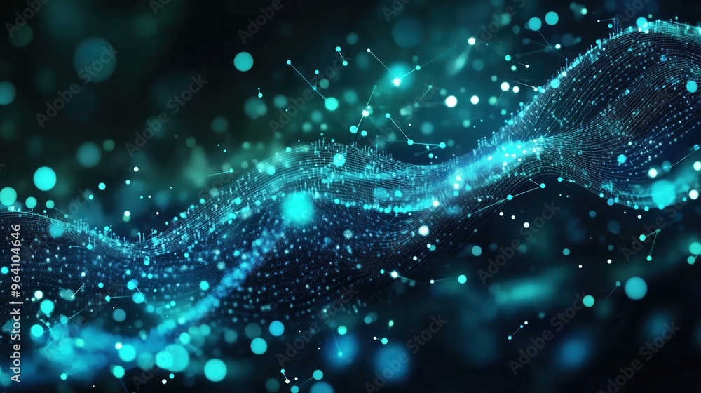 Leinwandbilder Futuristic abstract banner featuring glowing blue digital dots on a dark green gradient background, with a close-up view of binary code patterns on a curved surface. The Nordic-style cityscape with a 