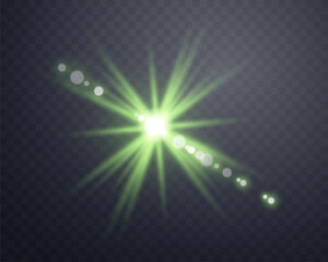 Green sunlight lens flare, sun flash with rays and spotlight. Glowing burst explosion on a transparent background.  
Vector illustration.