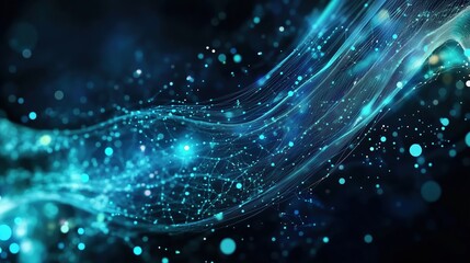 Obraz premium Futuristic abstract banner featuring glowing blue digital dots on a dark green gradient background, with a close-up view of binary code patterns on a curved surface. The Nordic-style cityscape with a 