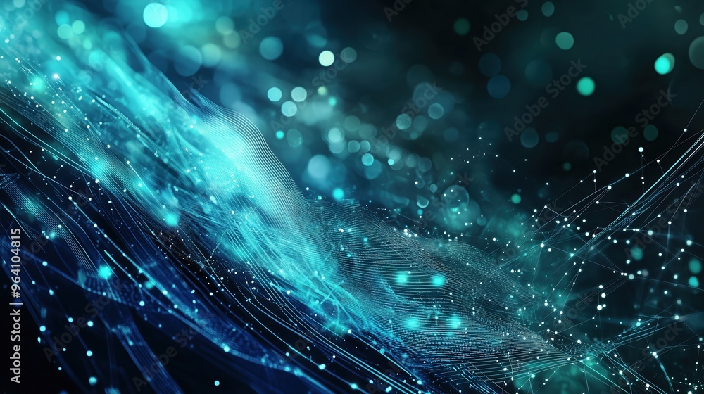 Aufkleber Futuristic abstract banner featuring glowing blue digital dots on a dark green gradient background, with a close-up view of binary code patterns on a curved surface. The Nordic-style cityscape with a 