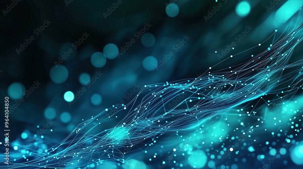 Leinwandbilder Futuristic abstract banner featuring glowing blue digital dots on a dark green gradient background, with a close-up view of binary code patterns on a curved surface. The Nordic-style cityscape with a 