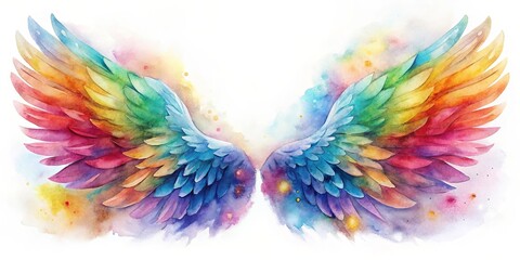 Fototapeta premium Watercolor painting of stunning angel wings in vibrant colors with a magical and ethereal feel