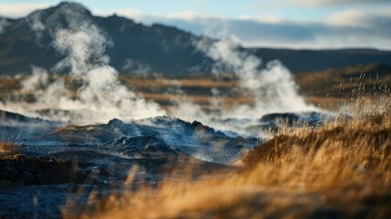 Steaming Geothermal Landscape at Dawn
