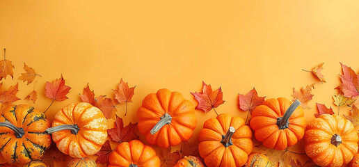 Fall harvest pumpkins and autumn leaves on orange background, perfect for autumn decor, social media posts or marketing.