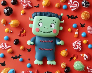 Cute Frankenstein toy surrounded by colorful Halloween candy and bats on a red background