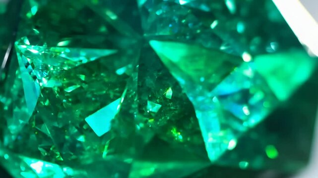 Slow zoom into an emerald with its deep green color and inclusions. Sunny day with bright light. Capture the emerald's rich color and the unique patterns formed by its inclusions.