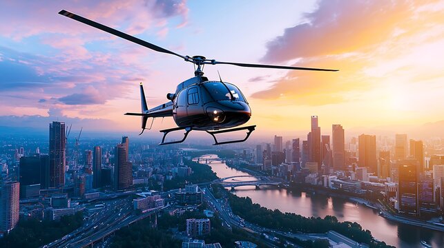 A helicopter soaring above a cityscape bathed in the hues of sunset.