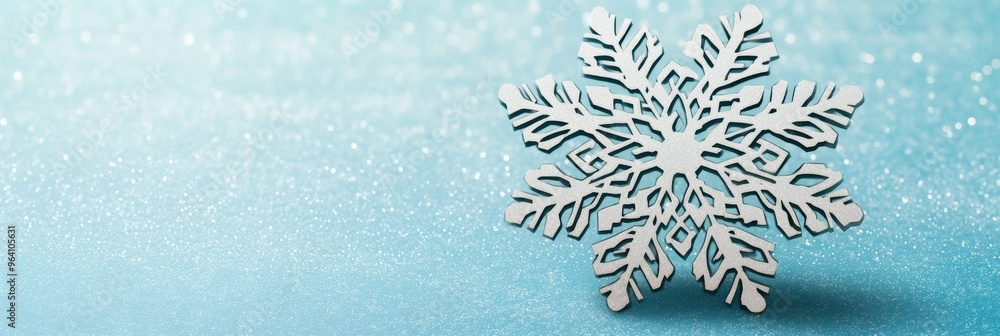 Poster a vector icon of a snowflake with intricate patterns, layered over a soft blue background with a tou
