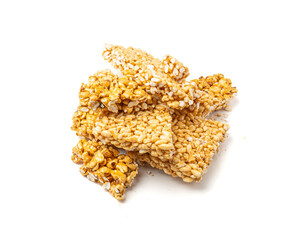Puffed rice bar isolated, sweet wheat kozinaki, puff cereal block pieces, sugar crispy wheat bar, healthy popped dessert