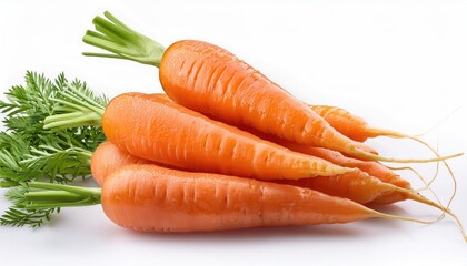 Fresh Carrots with Green Tops on White Background