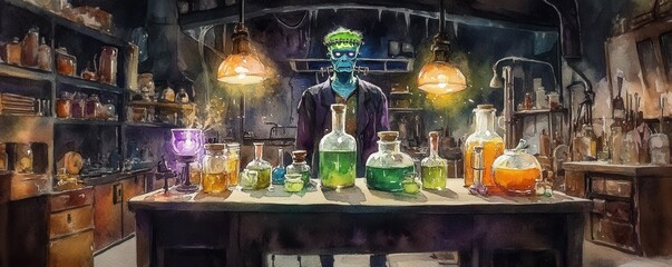 Spooky potion laboratory with Frankenstein figure, bubbling flasks, glowing elixirs, eerie Halloween chemistry decor, vintage glassware, and haunted science ambiance for horror setups