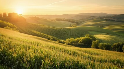 Obraz premium A tranquil countryside scene featuring green cornfields swaying gently in the breeze against the backdrop of rolling hills, with the soft golden light of