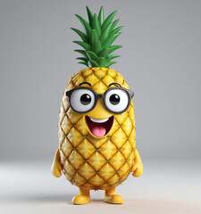 3D pineapple character mascot, cute fun, happy smile pineapple fruit character, isolated in clean background
