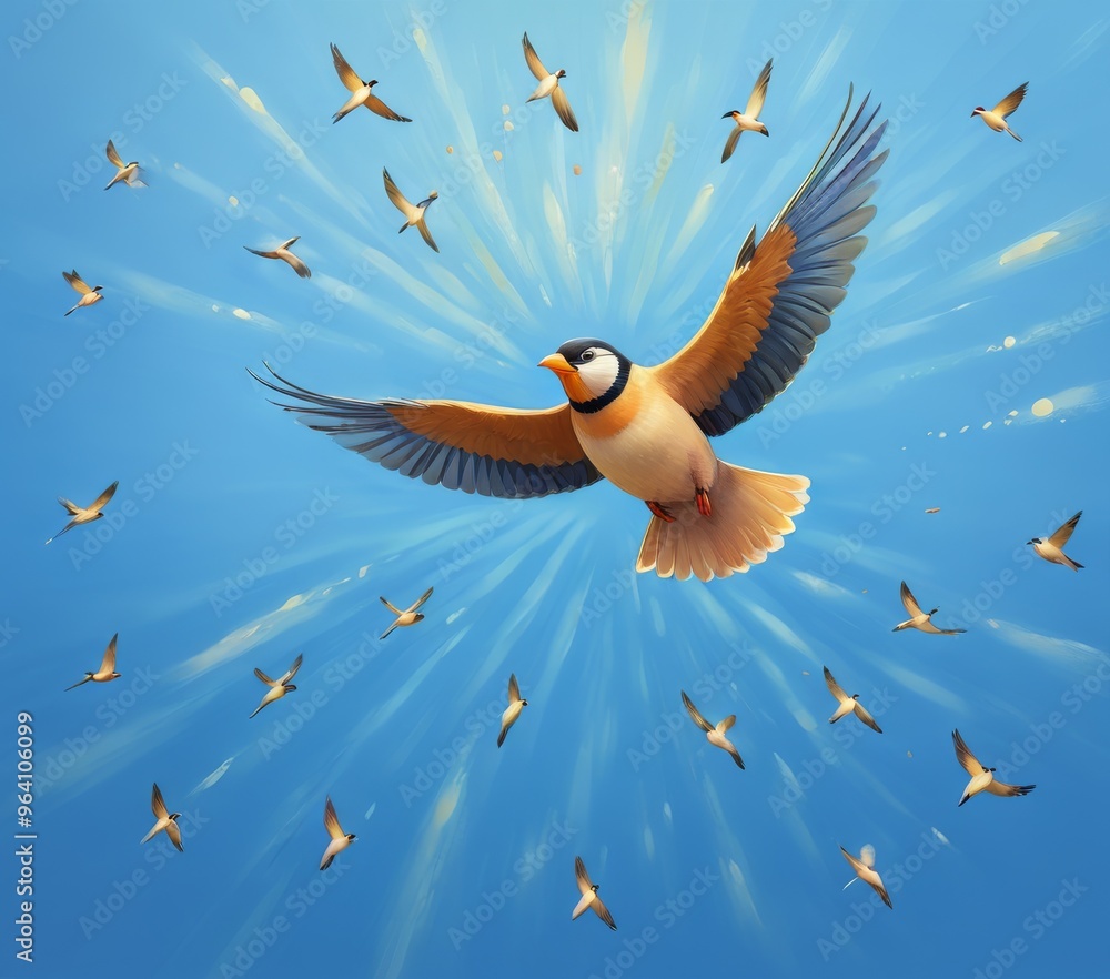 Poster a captivating illustration of a bird soaring majestically in a clear blue sky. the main bird is in f