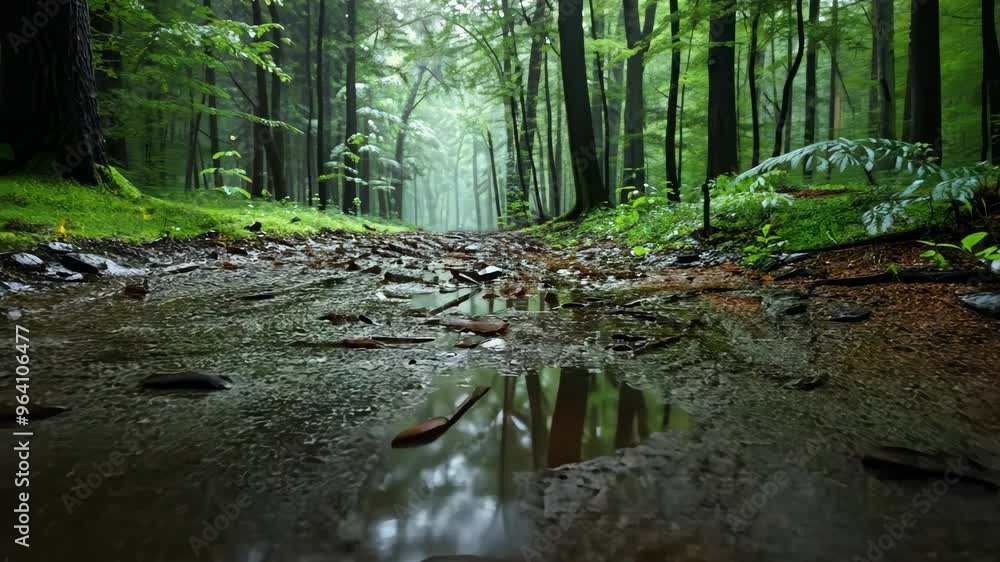 Poster exploring tranquil woods with a serene puddle reflecting lush greenery and tree trunks