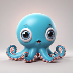A cute 3D octopus character with a happy expression. The octopus has big head and eyes, round, isolated in grey background