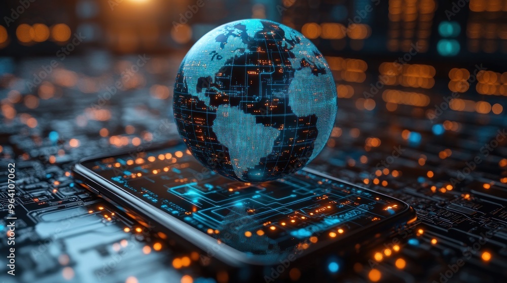 Poster a digital globe floating above a smartphone on a circuit board.