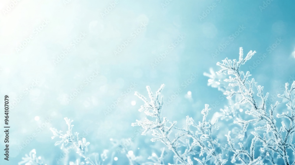 Poster an abstract illustration of a winter scene with delicate frost patterns and soft, diffused light cre