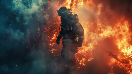 Portrait of a man in uniform working as a firefighter putting out a fire. Rescue concept, flame.