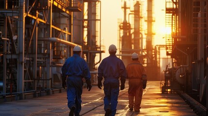 Industrial Workers at Sunset in Oil Refinery