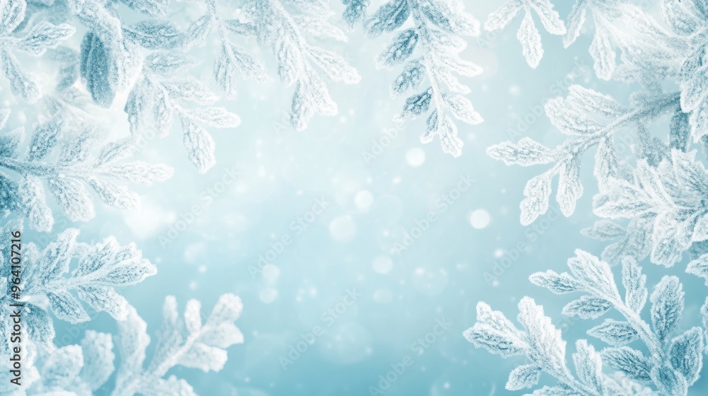 Poster an abstract illustration of a winter scene with delicate frost patterns and soft, diffused light cre