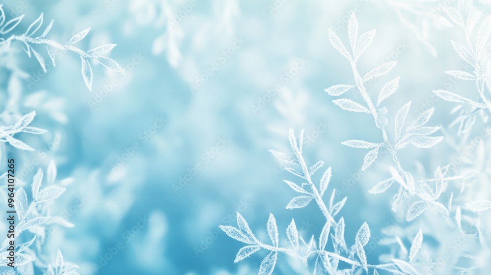Poster an abstract illustration of a winter scene with delicate frost patterns and soft, diffused light cre