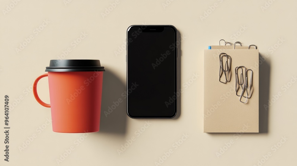 Poster flat lay of a coffee cup with a smartphone and a stack of paper clips, indicating multitasking. no l