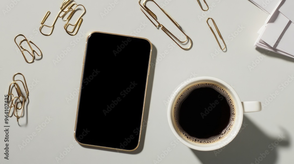 Poster flat lay of a coffee cup with a smartphone and a stack of paper clips, indicating multitasking. no l