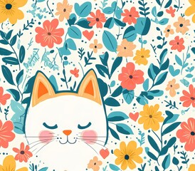 Obraz premium Seamless pattern of a cat's face amidst vibrant flowers, perfect for fabric or wrapping paper. Generative AI