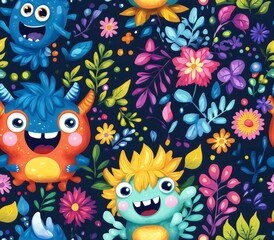 Fototapeta premium Seamless pattern of cheerful monsters and vivid flowers on a dark blue background, cartoon style. Generative AI
