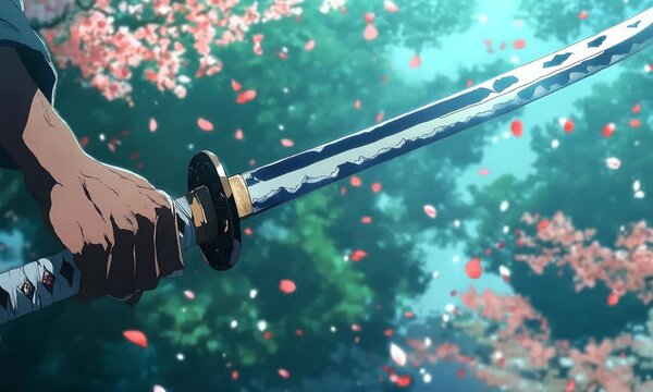 Katana Sword in Hand, anime background  - 4K Video Stock Featuring a Cherry Blossom Backdrop