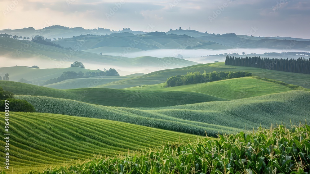 Poster a tranquil scene of green cornfields spreading across the undulating landscape of rolling hills, wit