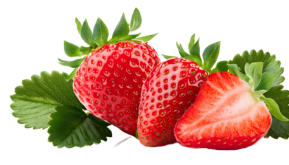 strawberry close up, fresh organic strawberries isolated on transparent background