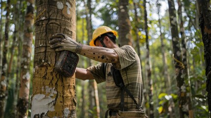 Naklejka premium Rubber Tree Tapping In Tropical Forest