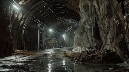 Obraz premium Industrial Underground Mine Tunnel with Lighting