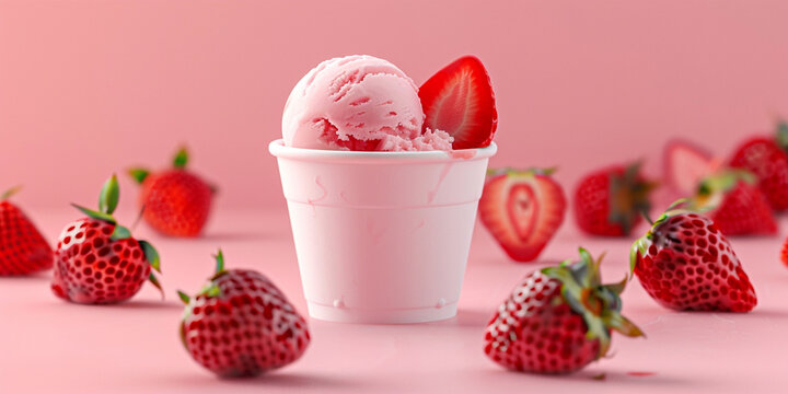 Ice cream with fresh strawberries fruti and berry frozen dessert for summer

